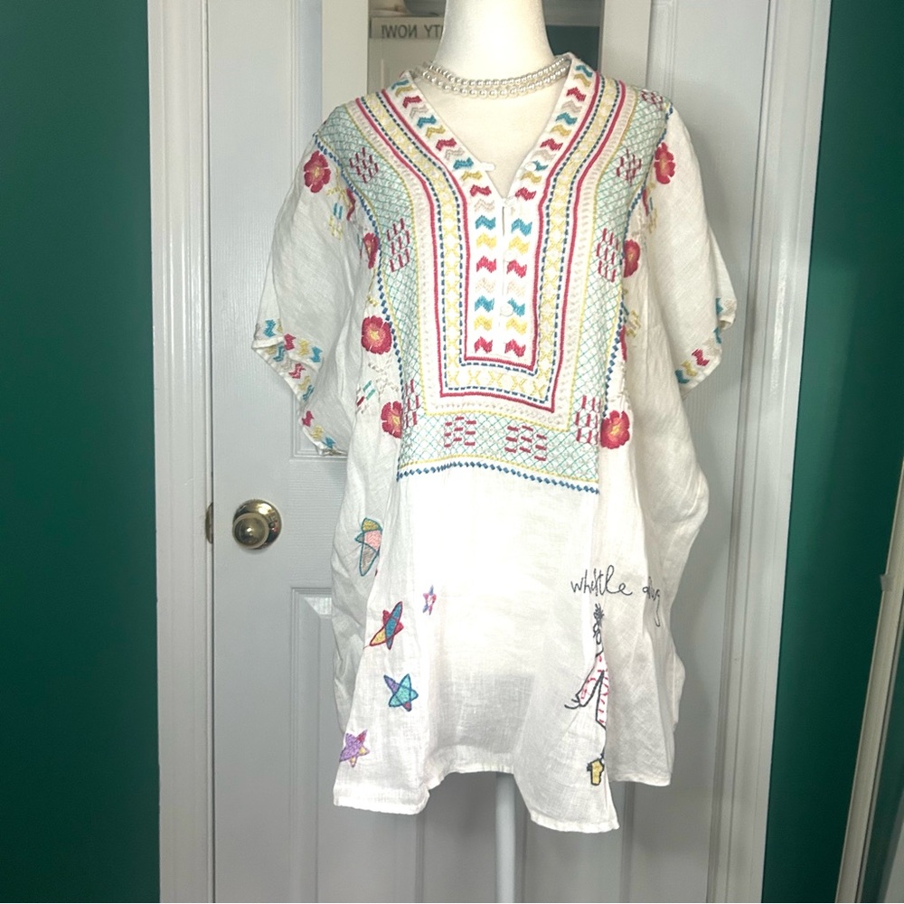 Johnny Was White Linen Embroidered Top M NWT